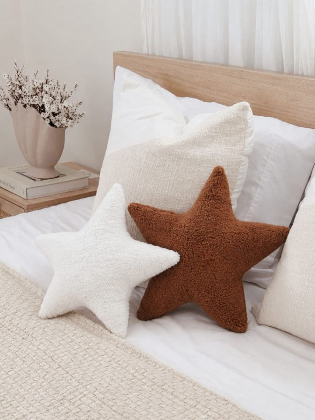Off white & rust cotton star shape teddy plush cushions, set of 2, off white & brown